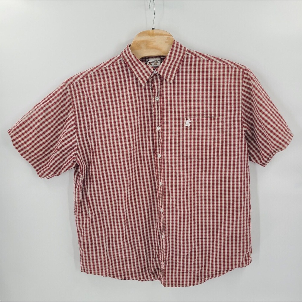Disney World Shirt Mens XXL 2XL Red Checks Raised  Walt Short Sleeve Button Up